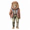 Vintage Watercolor Illustration Of A Lion In Jacket And Pants