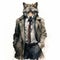 Vintage Watercolor Illustration Of A Wolf Dressed In A Tie And Coat