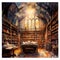 Vintage watercolor painting of a dimly lit library with antique books