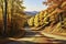 A vintage watercolor painting of a winding country road disappearing into a forest.