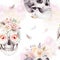 Vintage watercolor patterns with skull and roses, wildflowers, Hand drawn illustration in boho style. Floral skull