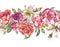 Vintage Watercolor Seamless Border with Blooming Flowers. Roses and Peonies, Royal Lilies
