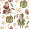 Vintage watercolor seamless pattern with toy bunnies, christmas gift, candies, golden snowflake and stars. Isolated.