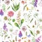 Vintage watercolor summer purple meadow wildflowers seamless pattern