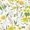Vintage watercolor summer yellow meadow wildflowers seamless pattern