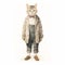 Vintage Watercolored Cat Wearing Coat And Bow Tie