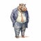 Vintage Watercolored Hippo In Suit Illustration