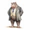 Vintage Watercolored Hippopotamus In Business Attire Illustration