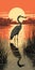 Vintage Wetland Heron Illustration In Red And Gray Woodcut Style