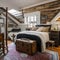 Vintage Whispers: A charming attic bedroom with vintage suitcases repurposed as nightstands, an antique vanity table, and an old