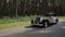 Vintage white car with black On an asphalt road in a green forest