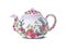 Vintage white tea pot with pink flower bouquet painted, illustration water color drawing