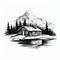 Vintage Wilderness Cabin Illustration: Black And White Naturecore Art