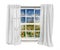 Vintage window with white curtains isolated seeing sunflowers field