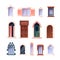 Vintage windows and doors. Antique european detailed facade architectural elements, retro balcony exterior. Vector