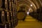 Vintage wine cellar with old oak barrels, production of fortified dry or sweet marsala wine in Marsala, Sicily, Italy