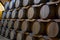 Vintage wine cellar with old oak barrels, production of fortified dry or sweet marsala wine in Marsala, Sicily, Italy