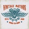 Vintage winged motor on grunge background. Design element for poster, card, t shirt, banner, emblem.