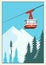 Vintage Winter cartoon background, poster. Red ski Lift Gondolas moving