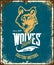 Vintage wolf custom motors club t-shirt vector logo on blue background.