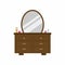 Vintage woman dressing table with oval mirror, shelves and cosmetics. Classic bedroom furniture decoration concept. Flat cartoon