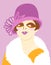 Vintage woman portrait in 1920s style fashion with cloche hat and winter fur coat. Vector retro style flapper girl on pink