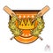 Vintage wood crossed oars for rowing with crown in the middle of golden laurel wreath on the shield on white. Sport logo for any t