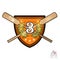 Vintage wood crossed oars for rowing with number three in the middle of golden laurel wreath on the shield on white. Sport logo fo