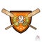 Vintage wood crossed oars for rowing with number two in the middle of golden laurel wreath on the shield on white. Sport logo for