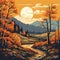 Vintage Woodcut Style Landscape Illustration With Autumn Colors