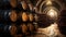Vintage wooden barrels stored in old wine cellar, background. Many brown oak casks inside dark storage of winery. Concept of