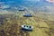 Vintage wooden boat in coral sea. Boat drone photo. Fishing boats in clear turquoise ocean, top view. Small fishing boat moored in