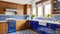 vintage wooden cabinets in the kitchen interior with a white and cobalt blue china