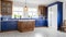vintage wooden cabinets in the kitchen interior with a white and cobalt blue china