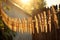 vintage wooden clothespins on sunlit clothesline