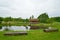 Vintage wooden log sauna by the pond in the Museum of Pushkin Mi