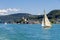 Vintage wooden sailboat on lake Worthersee at Maria Worth