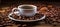 Vintage wooden table with espresso coffee cup and freshly roasted coffee beans as background