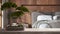 Vintage wooden table shelf with pebble and potted bloom bonsai, green flowers, over minimalist wooden bedroom close-up, interior