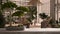 Vintage wooden table shelf with pebble and potted bloom bonsai, green leaves, over modern conservatory, winter garden, lounge