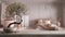 Vintage wooden table shelf with pebble and potted bloom bonsai, white flowers, over bedchamber, bed and bathtub, cosy interior