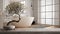 Vintage wooden table shelf with pebble and potted bloom bonsai, white flowers, over classic bathroom, modern interior design,