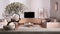 Vintage wooden table shelf with pebble and potted bloom bonsai, white flowers, over cosy dove gray and beige living room with sofa