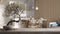 Vintage wooden table shelf with pebble and potted bloom bonsai, white flowers, over cosy wooden and white kitchen with dining