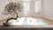 Vintage wooden table shelf with pebble and potted bloom bonsai, white flowers, over empty yoga studio, minimal classic space,