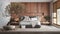 Vintage wooden table shelf with pebble and potted bloom bonsai, white flowers, over modern wooden bedroom, minimalist interior