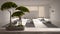 Vintage wooden table shelf with pebble and potted green bonsai, over empty yoga studio, open space with mats, pillow and