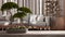 Vintage wooden table shelf with pebble and potted pine bonsai, green leaves, over boho living room with curtains, country interior