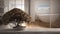 Vintage wooden table shelf with potted bloom bonsai, beige leaves, flowers, over minimalist bedroom with bathroom, modern interior