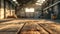 Vintage wooden table surface in sunlit industrial warehouse. soft focus background with copy space. ideal for product